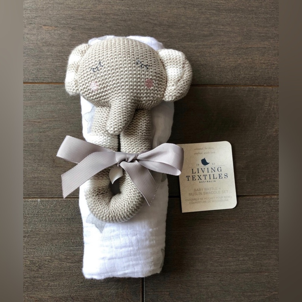 Living textile elephant rattle and swaddle blanket